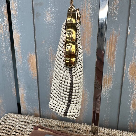 Whiting & Davis Vintage Alumesh Scallop Edge Rhinestone Clasp Mini Bag Cream - Picture 6 of 16